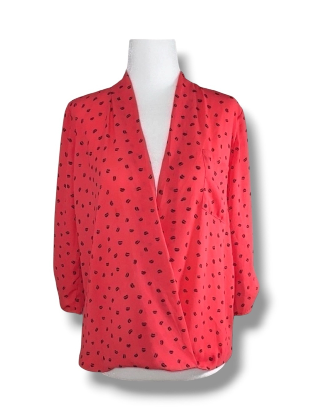 Hearts Patterned Blouse Deep V Pink and Black